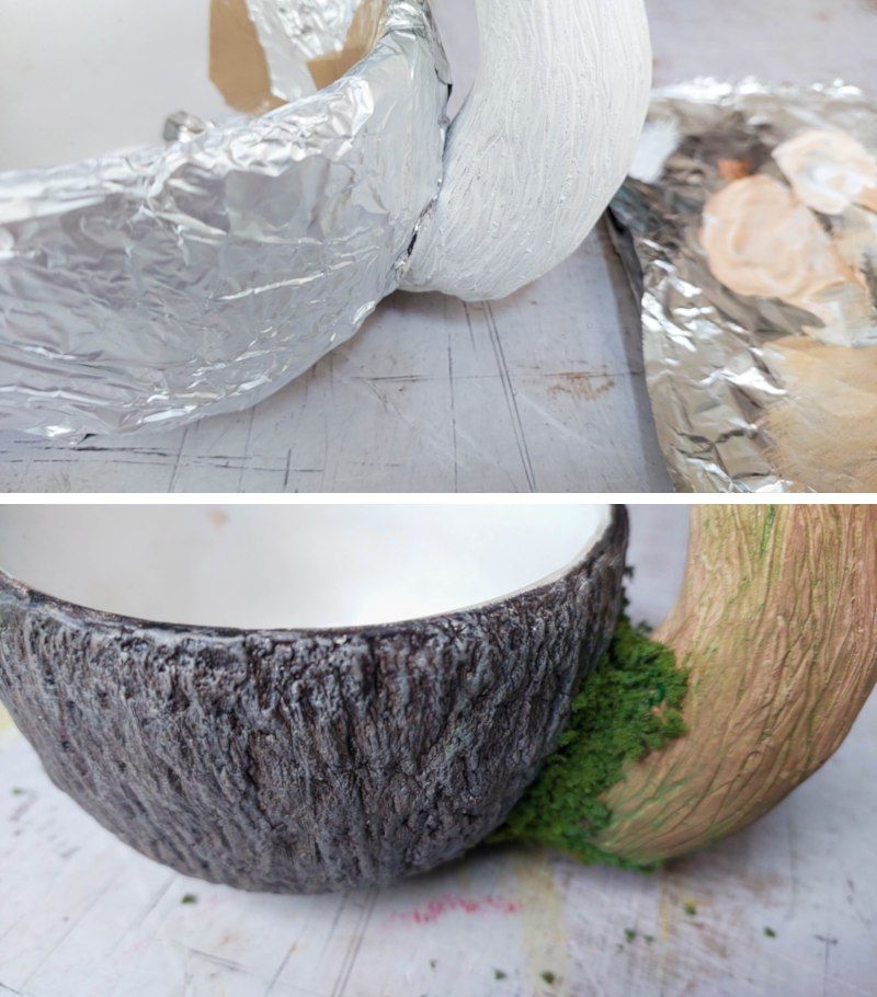 Paint the mushroom stalk and glue moss around the base