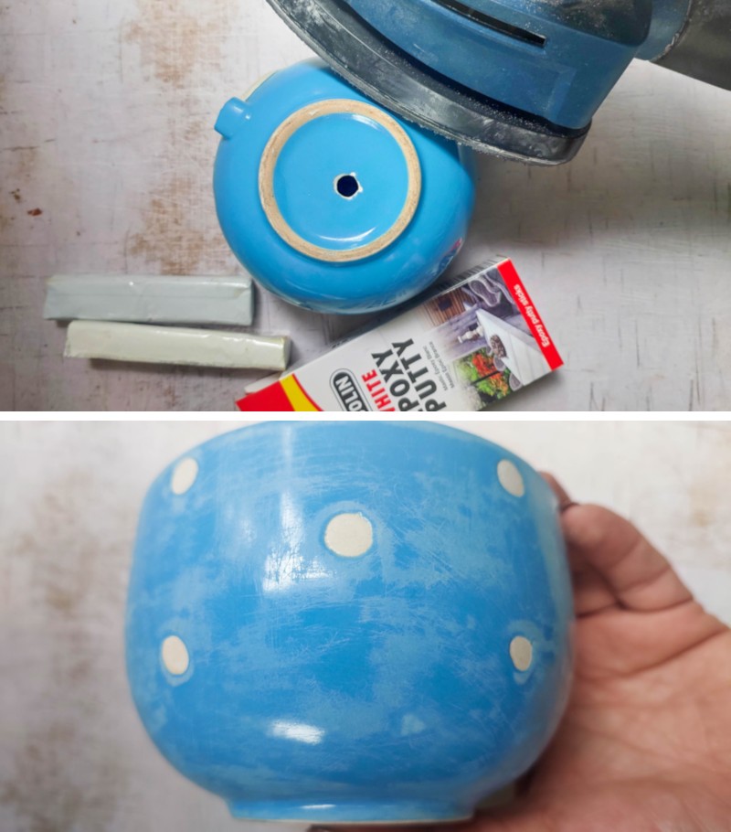 Sand the mug to roughen it up before applying the 2 part epoxy clay