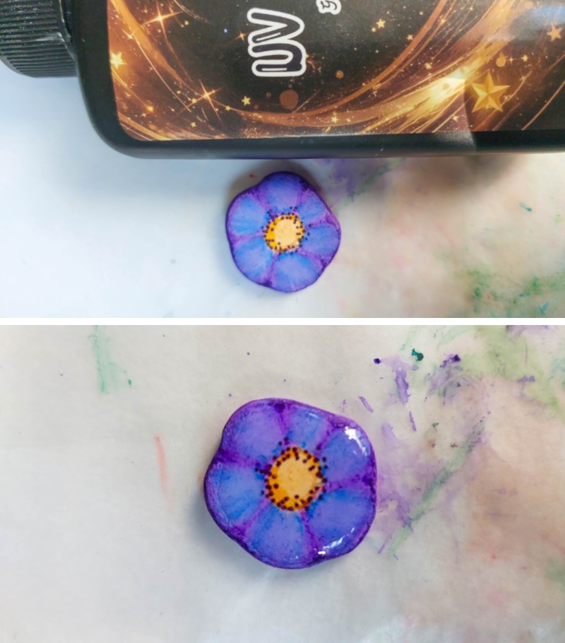 Pour resin over the flowers to seal and cure under a UV light