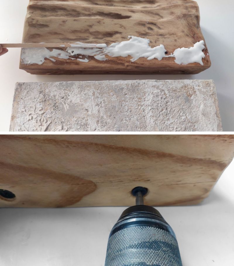 A split image - at the top is a piece of wood with wood glue and a textured canvas. The bottom image shows a drill screwing the wood to the canvas