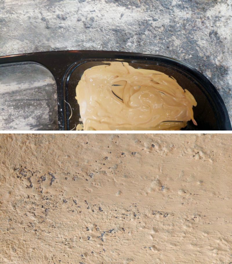 A split image with the top image showing paint colors mixed in a bowl. The bottom image shows the paint applied to the canvas