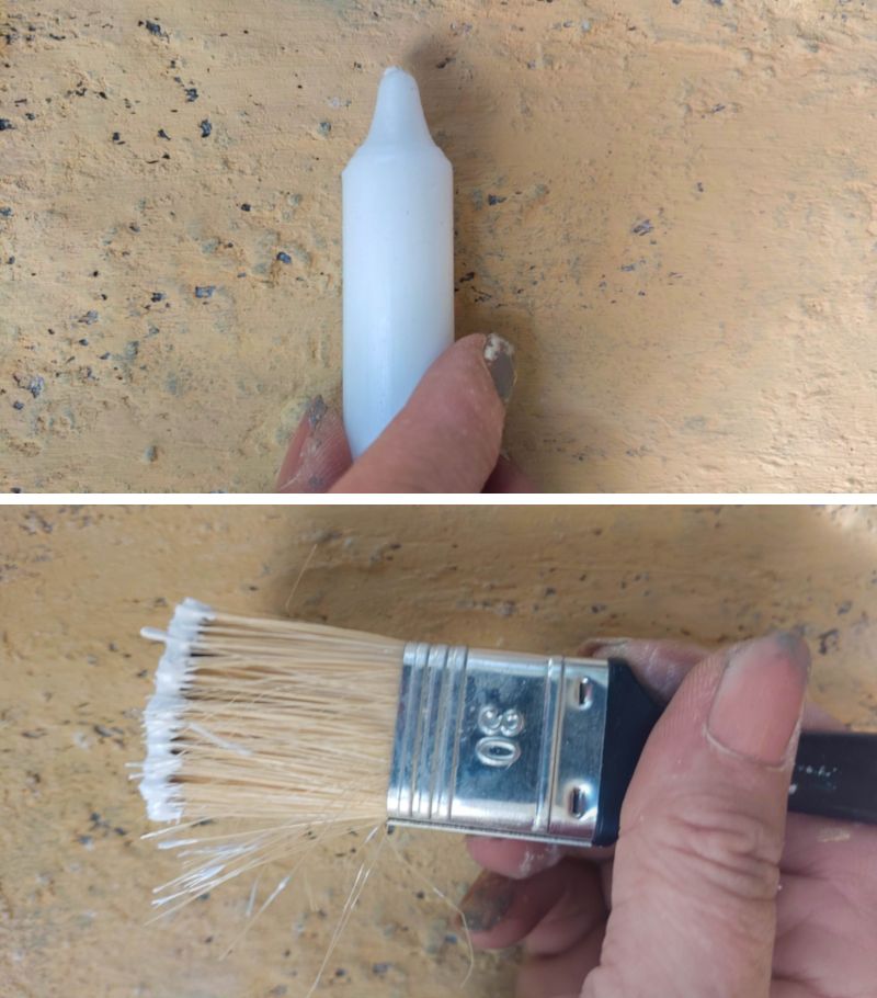 A split image with a hand rubbing wax over dry a paint. The bottom image shows the same hand painting over the waxed canvas