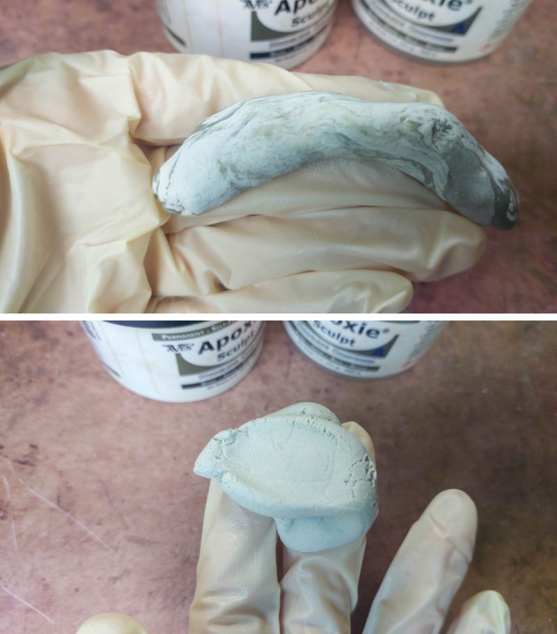 Mix the 2-part epoxy clay by combining equal amounts of Part A and Part B by volume. Knead them together for a few minutes until you can't see any streaks and the color is uniform. Wear gloves.