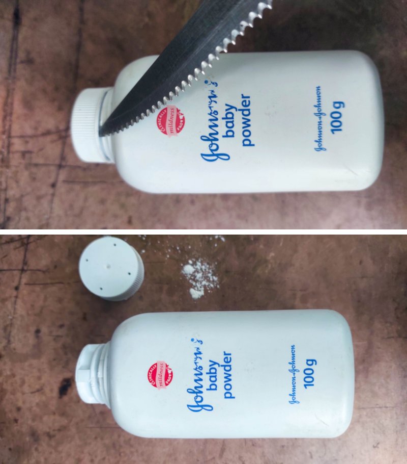 Remove the lid from the baby powder bottle. It easy to pry off with a knife.