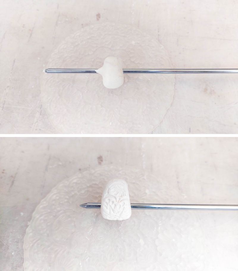 Collage showing the process of rolling the beads: the top image has a ball of clay on a skewer, and the bottom image shows how the ball is rolled over a silicone mold.