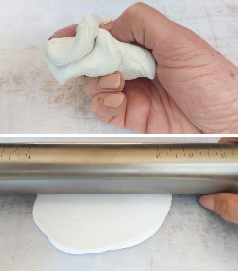 A vertical image split in two sections. The top shows a hand conditioning clay and the bottom image shows a rolling pin flattening the clay