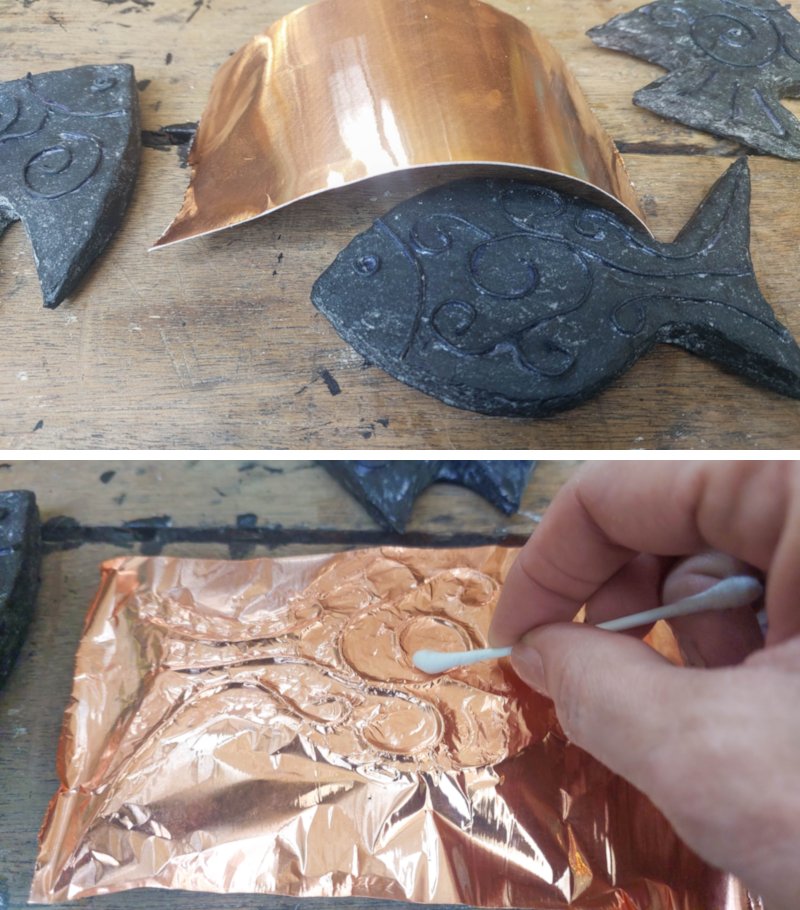 A split image showing the process of covering the cardboard fish in copper tape