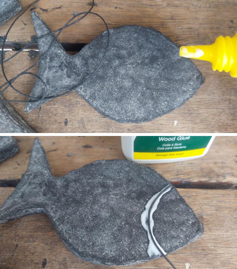 A split image showing how the cord is glued to the cardboard fish to make DIY coastal Decor