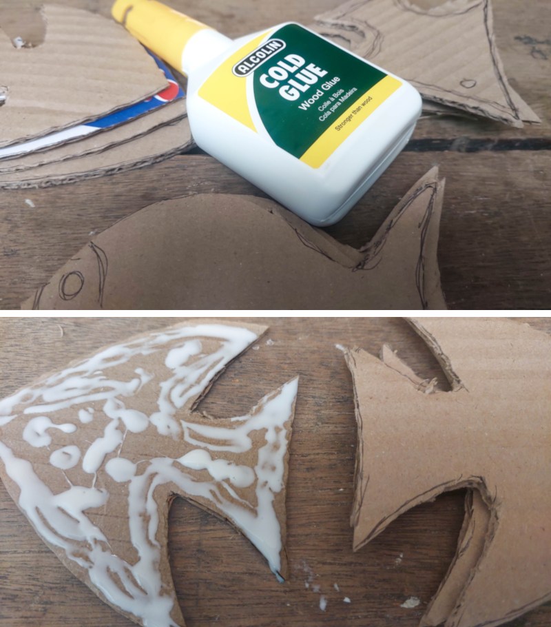 A split image showing how the cardboard fish are glued together