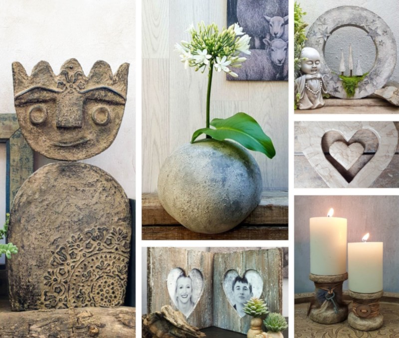 A collage showing various home decor items that have been made with cardboard