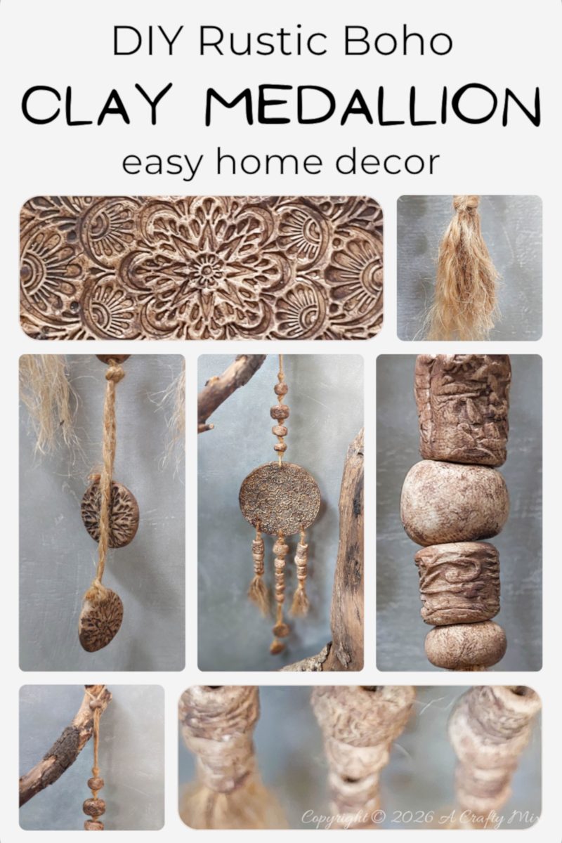 Collage pin showing a DIY rustic boho clay medallion wall hanging with close‑ups of the embossed clay pattern, jute tassels, and textured beads, overlaid with the text &ldquo;DIY Rustic Boho Clay Medallion &ndash; easy home decor.&rdquo;
