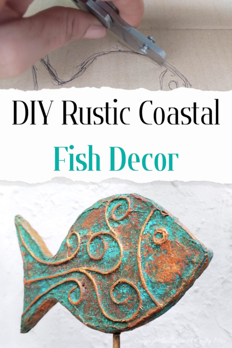 Process collage showing a fish shape being cut from cardboard and the finished turquoise and copper patina fish decor.