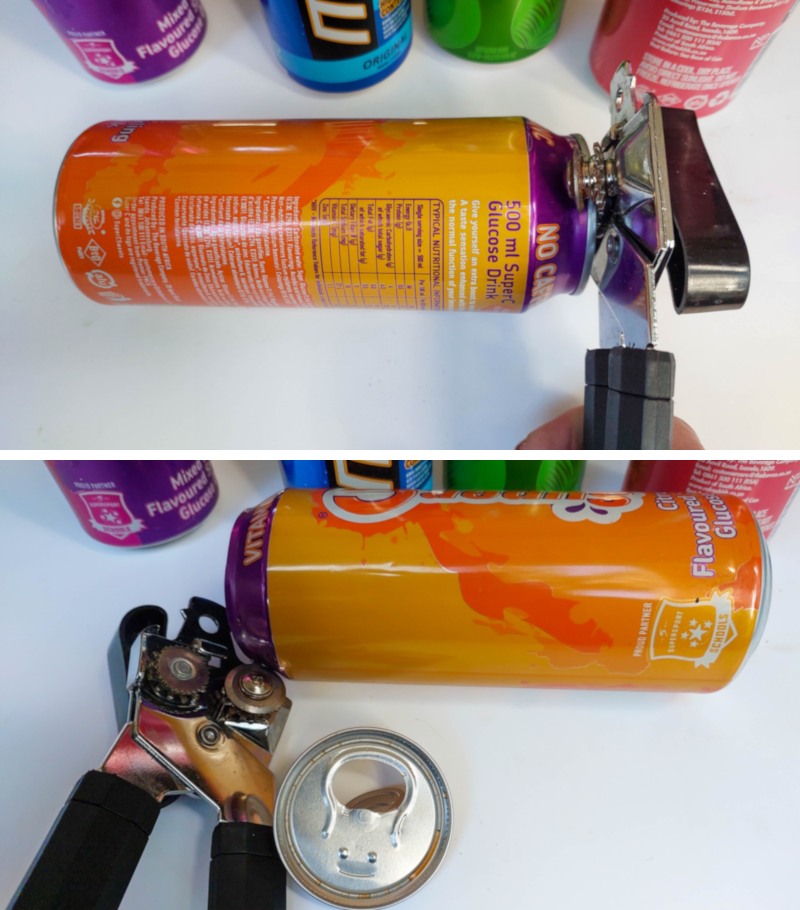 Two‑step photo showing a hand using a can opener to remove the top of an orange soda can, with the loose lid and tool lying beside it.