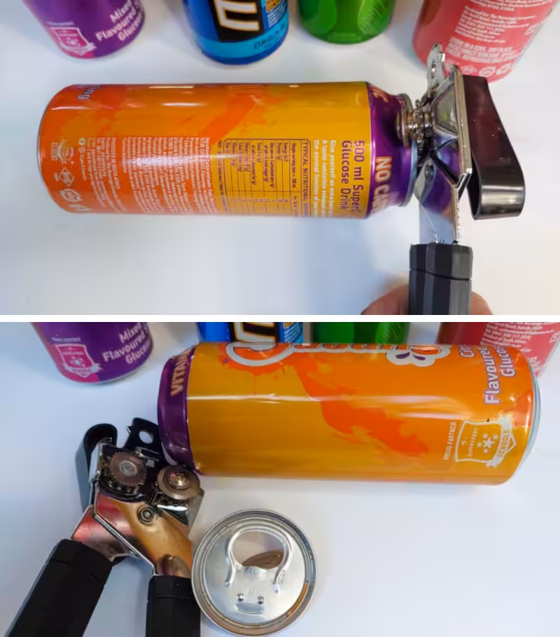 Two‑step photo showing a hand using a can opener to remove the top of an orange soda can, with the loose lid and tool lying beside it.