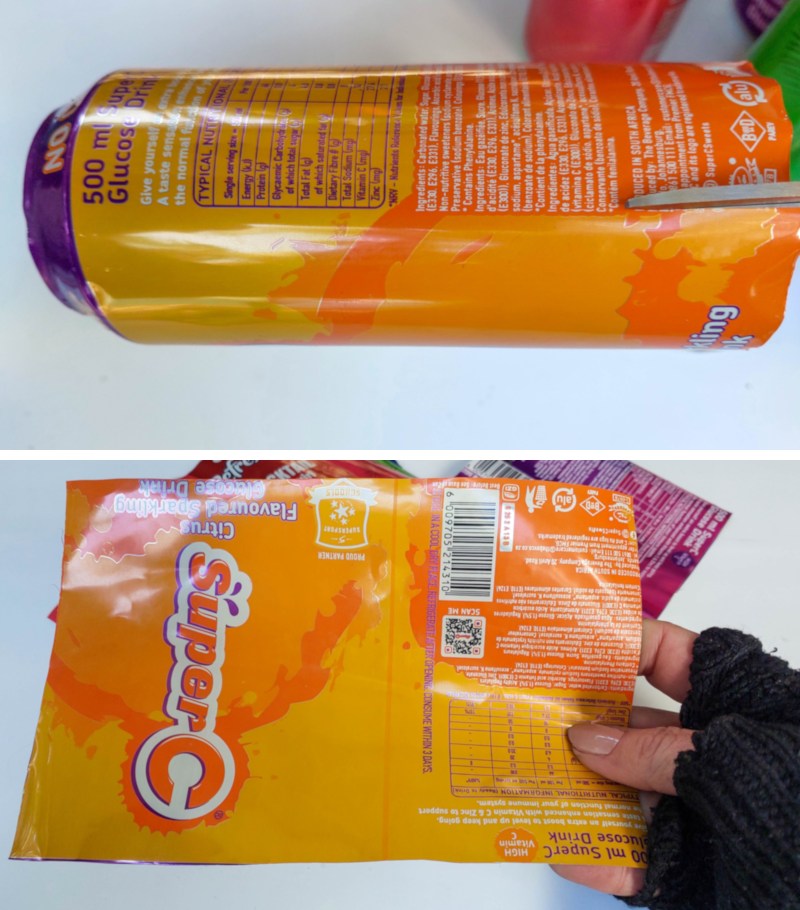 Two‑step photo showing an orange soda can slit down the side and then opened out into a flat sheet of aluminium for crafting.