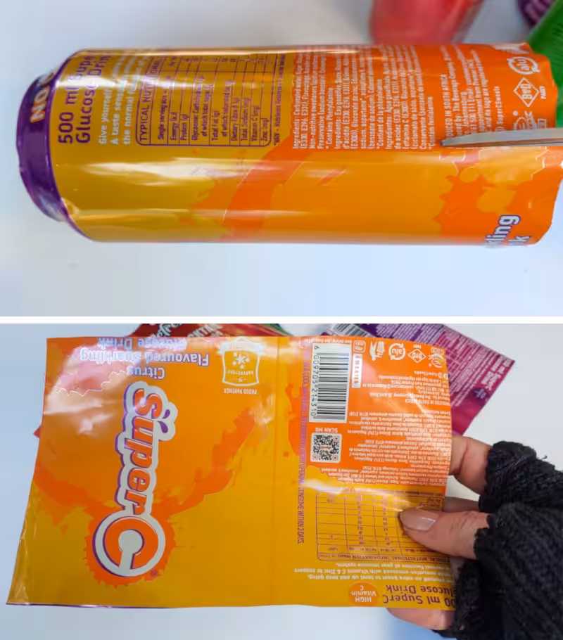Two‑step photo showing an orange soda can slit down the side and then opened out into a flat sheet of aluminium for crafting.