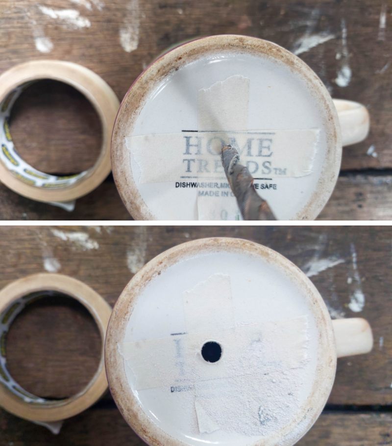 Two-step photo showing the base of a ceramic mug: in the top image a drill bit goes through tape on the bottom, and in the bottom image a neat drainage hole is visible where the mug has been drilled.