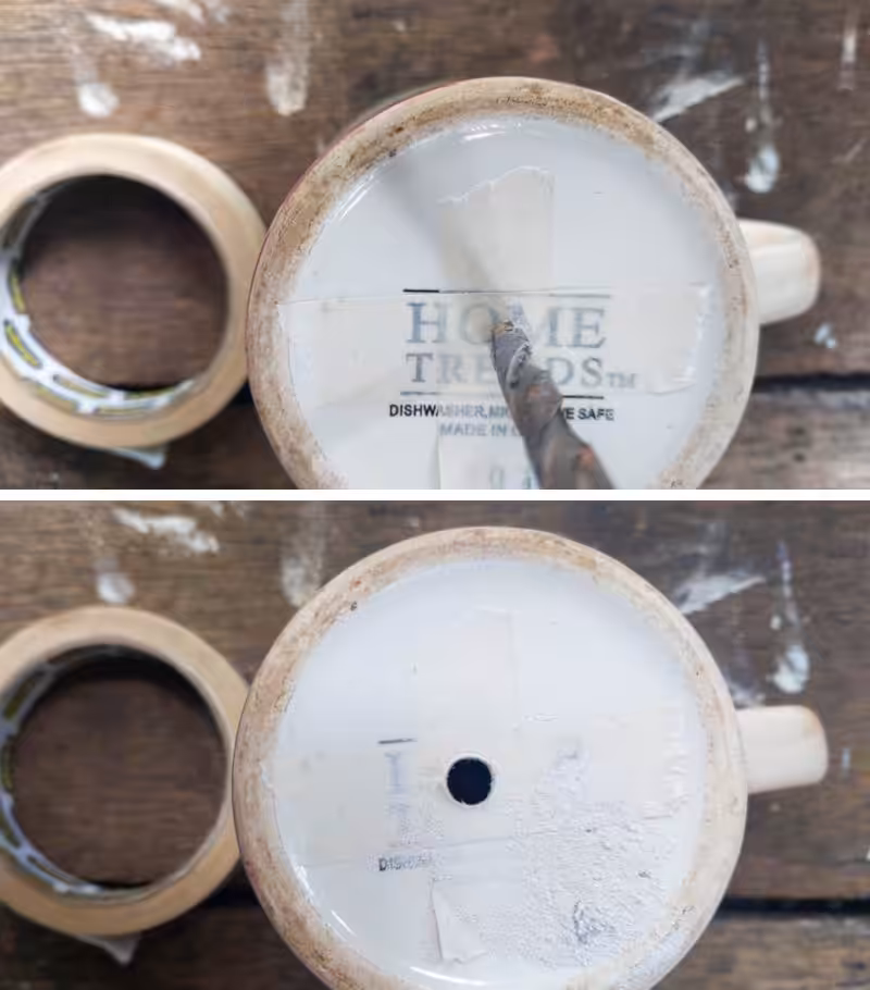 Two-step photo showing the base of a ceramic mug: in the top image a drill bit goes through tape on the bottom, and in the bottom image a neat drainage hole is visible where the mug has been drilled.
