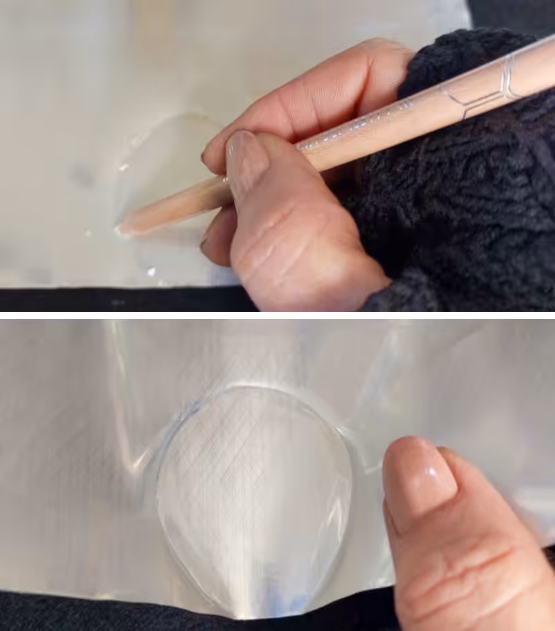Two‑step photo showing a hand using a rounded tool to trace and emboss a raised circle in a sheet of aluminium, creating a domed shape for the soda can bird&rsquo;s body.