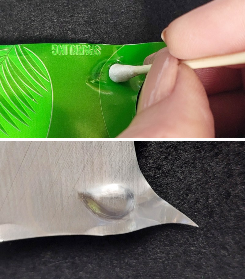 Two‑step photo showing a hand using a cotton bud to press an oval dent into a green soda can sheet, and the reverse side with a raised teardrop beak shape in the aluminium.