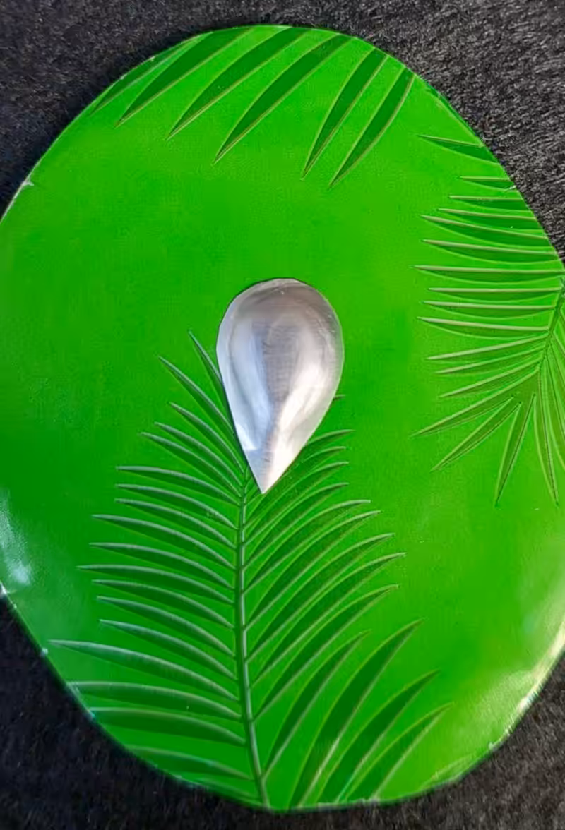 Close‑up of a raised silver teardrop beak embossed on a round green soda can bird body with leaf patterns.