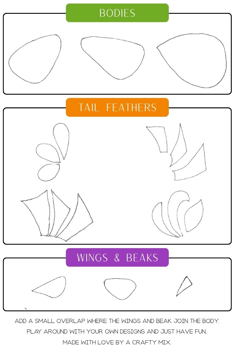Rough sketched of simple shapes used to make the soda can birds