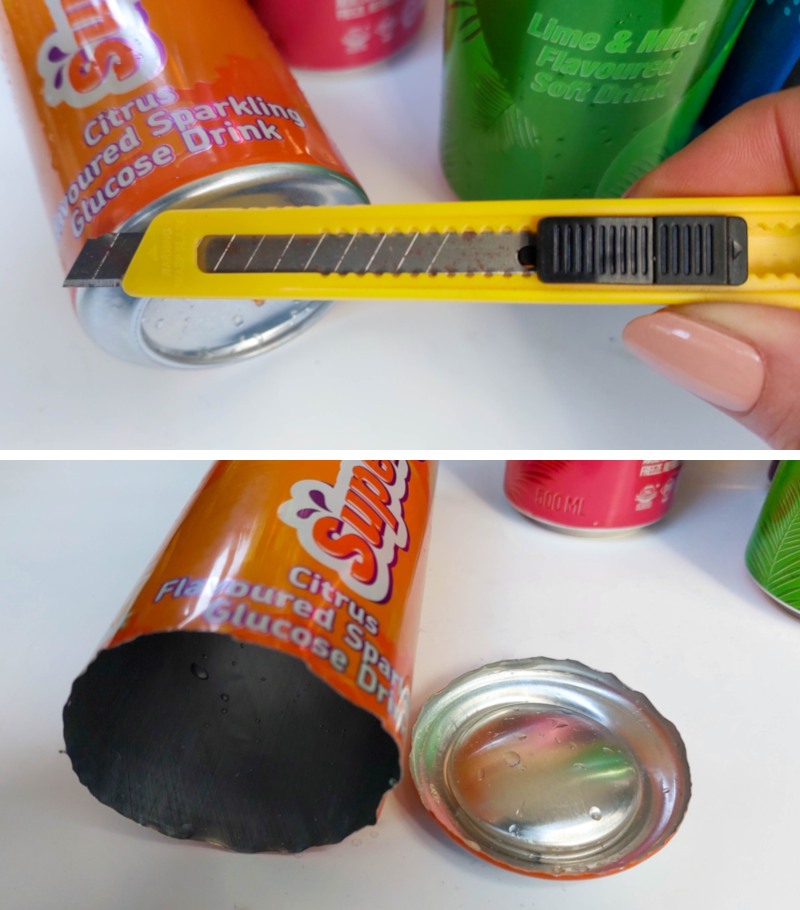 Two‑step photo showing a craft knife scoring around the base of an orange soda can and the metal bottom removed, ready to be recycled into a soda can bird craft