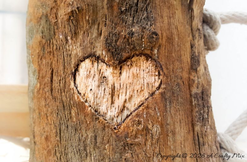 A heart shape carved into a branch mug