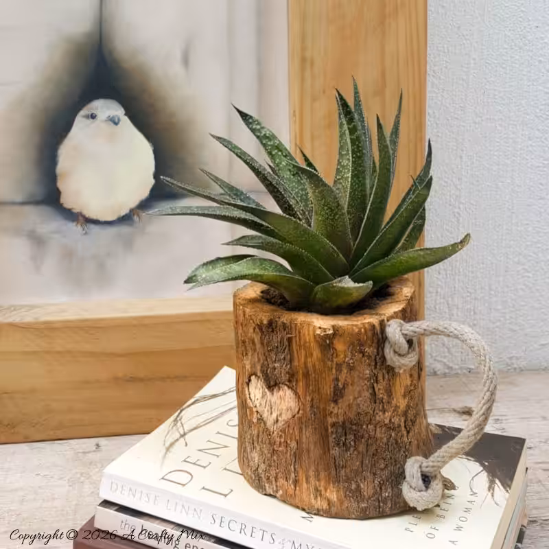 A rustic mug made from a branch with a rope handle