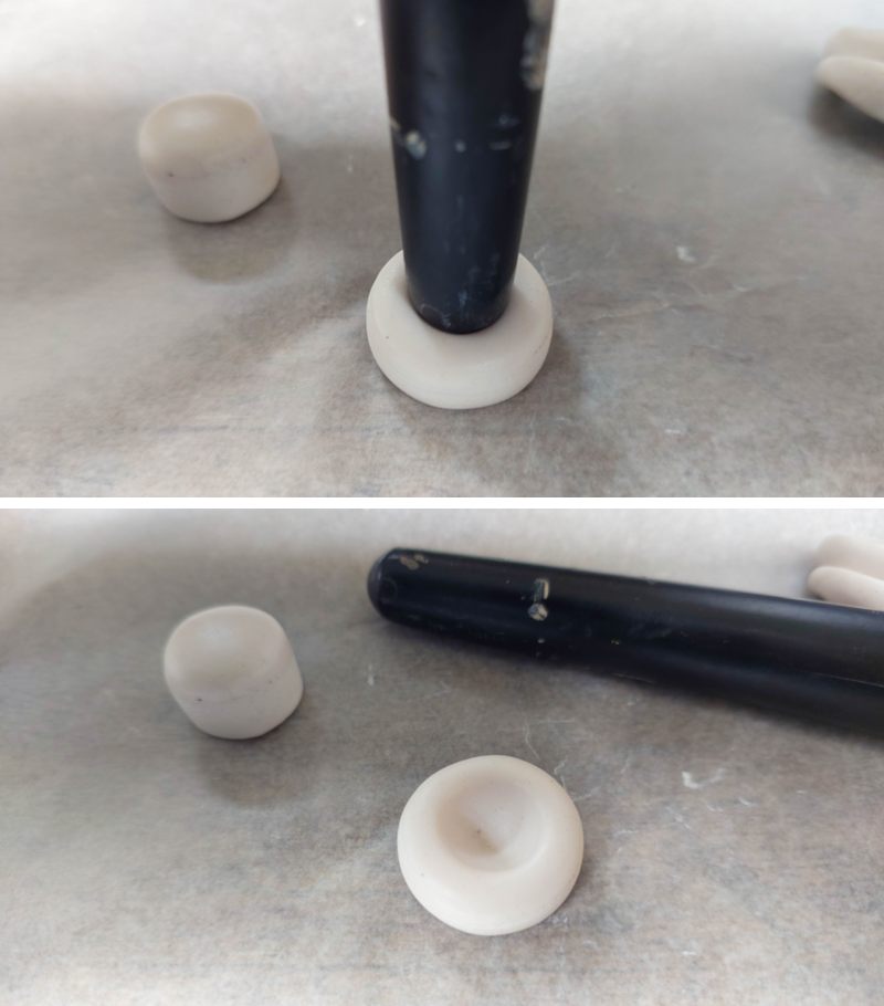 Use the back of a paintbrush to make indents in the clay eyes