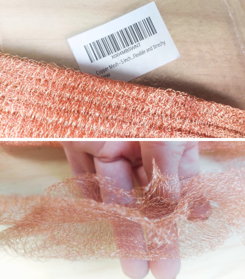 A close up of copper mesh that will help keep snails away. It's a soft, knitted ribbon of fine copper strands that looks a bit like a detangled pot scourer.