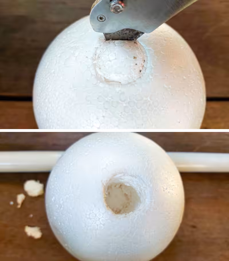 Use a sharp craft knife to cut into the polystyrene (Styrofoam) ball.