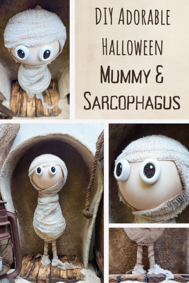 Collage showing a DIY Halloween mummy with big round eyes standing in a small stone-look sarcophagus, with close-ups of his bandaged body and face