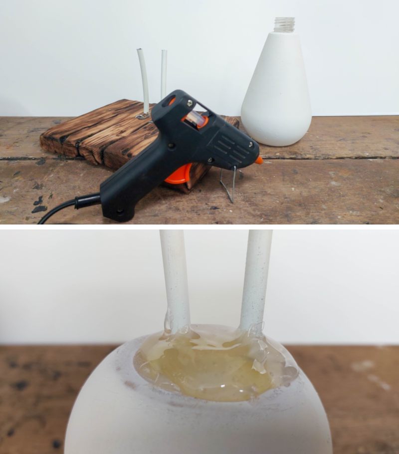 Glue the legs to the bottom of the upcycled plastic bottle mummy