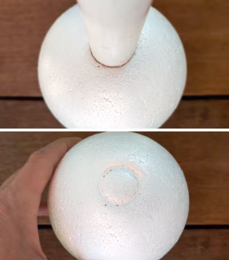 Push the pipe into the polystyrene ball until it makes and indent