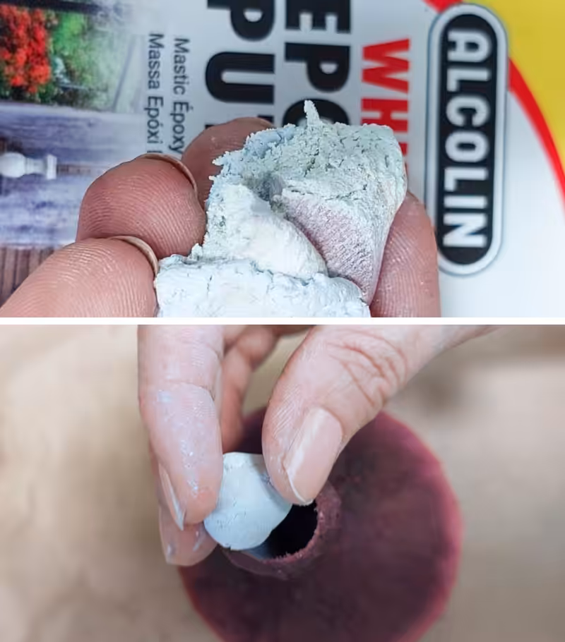Mix 2 part epoxy clay and roll it into a ball to make the vase waterproof