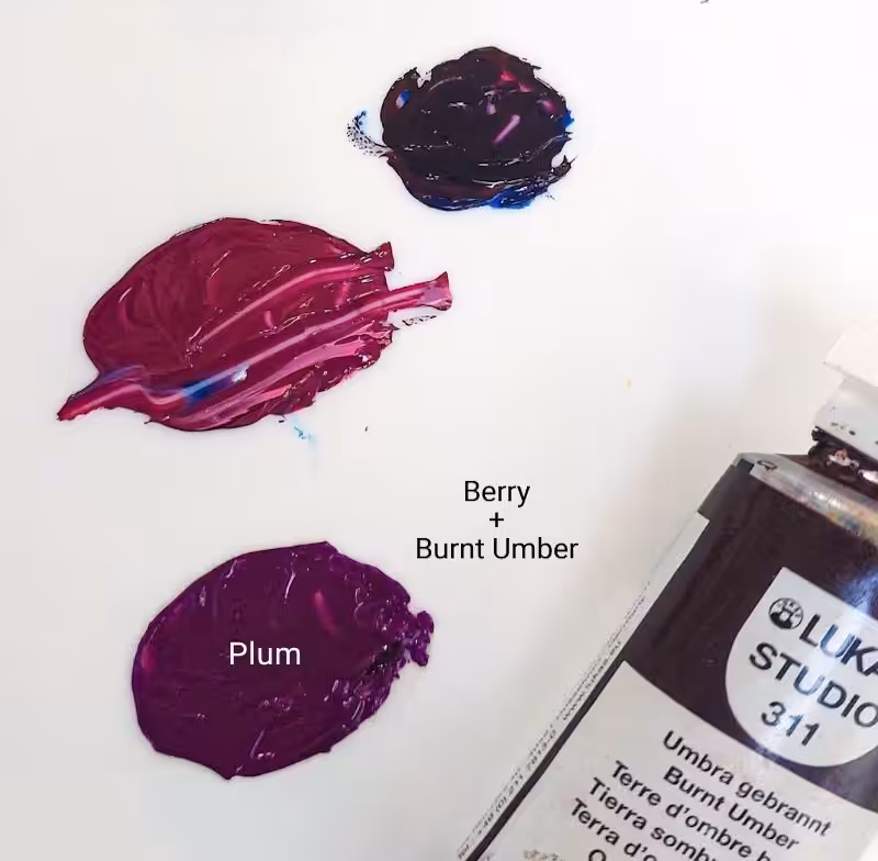 To mix a rich and moody plum color use titanium white, Alizarin crimson and Phthalo Blue
