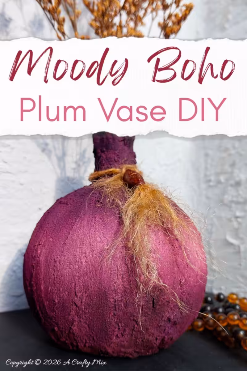 Upcycled Plum Noir Vase on a budget under the text ‘Moody Boho Plum Vase DIY’.
