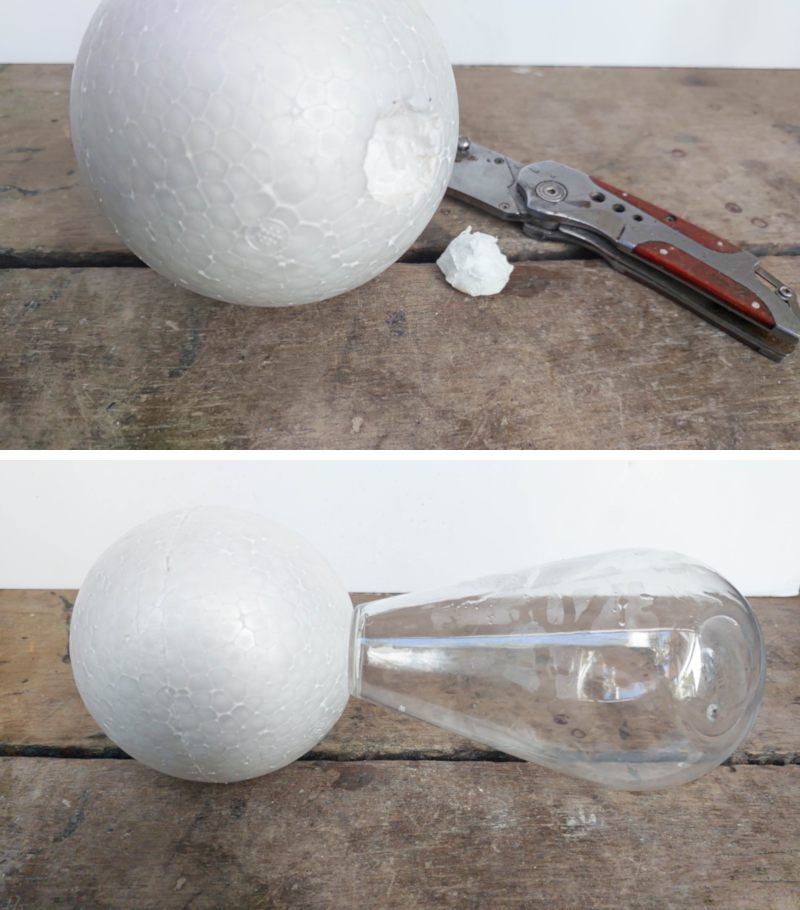 Use a sharp craft knife to cut a hole in the polystyrene ball. It needs to be just big enough for the bottle neck to slip inside.