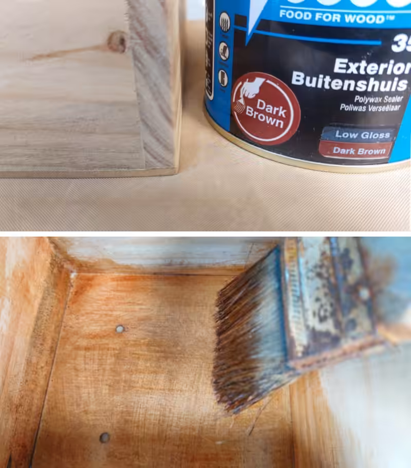 A raw wooden planter is sealed with polywax to create a waterproof barrier.
