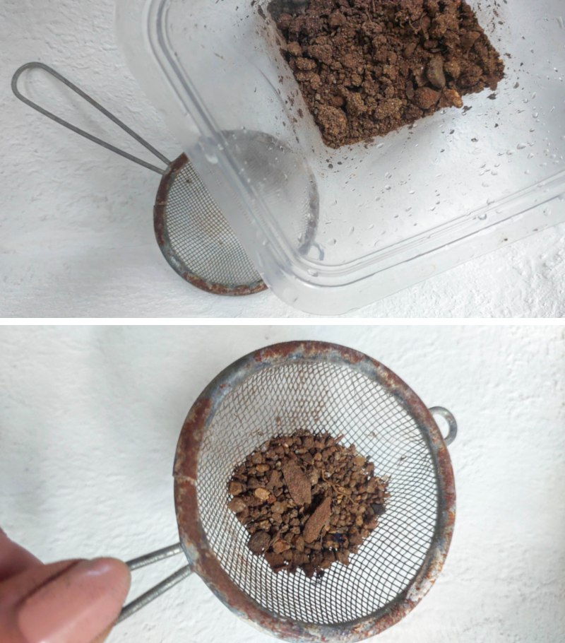 old tea strainer to remove any stones and grit