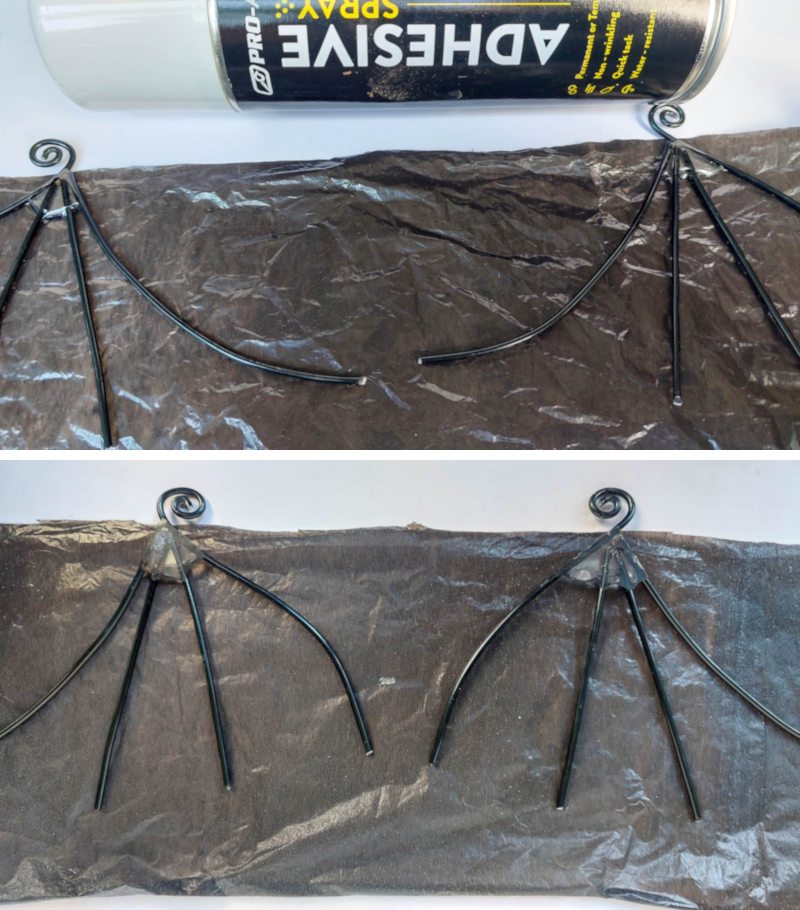 Use spray adhesive to glue the plastic bag to the wire wing frames