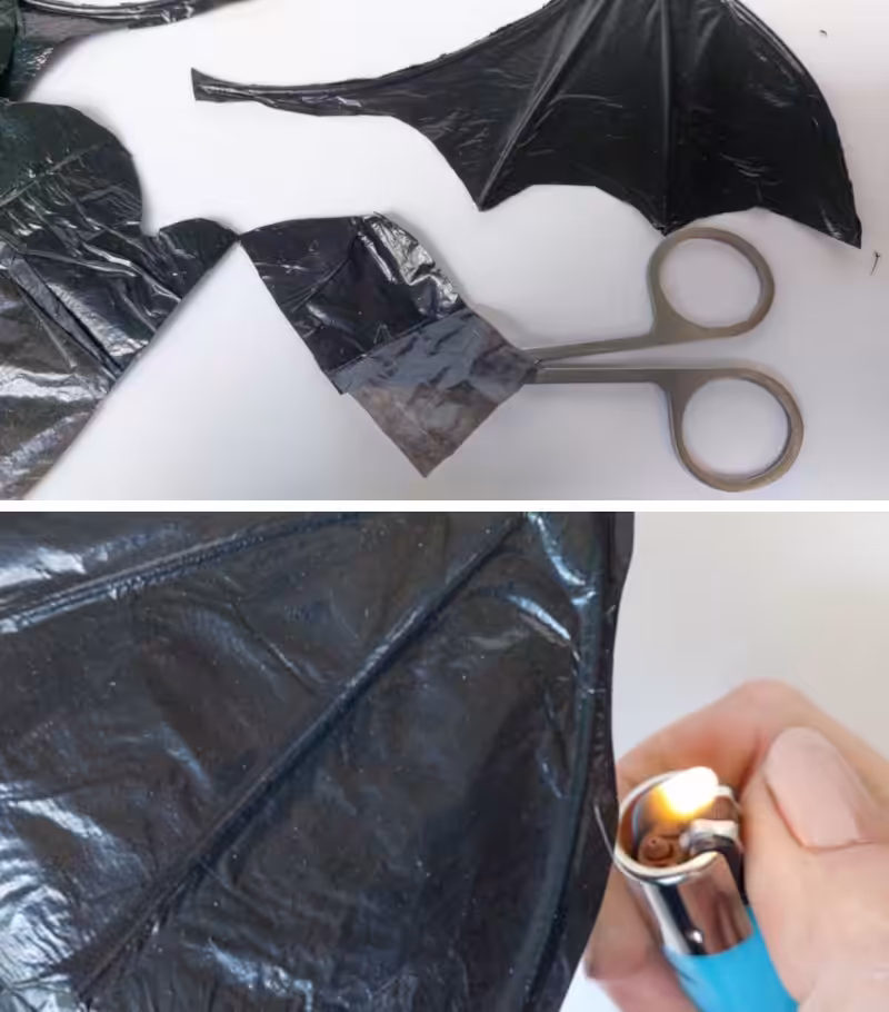 Trim and burn the edges of the plastic bag bat wings