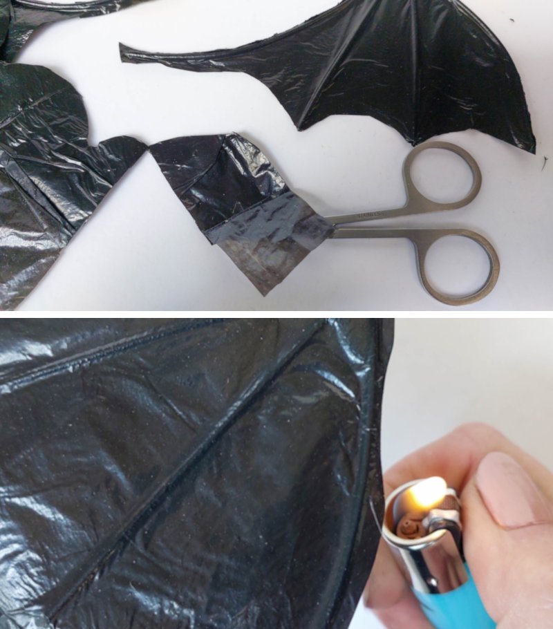 Trim and burn the edges of the plastic bag bat wings