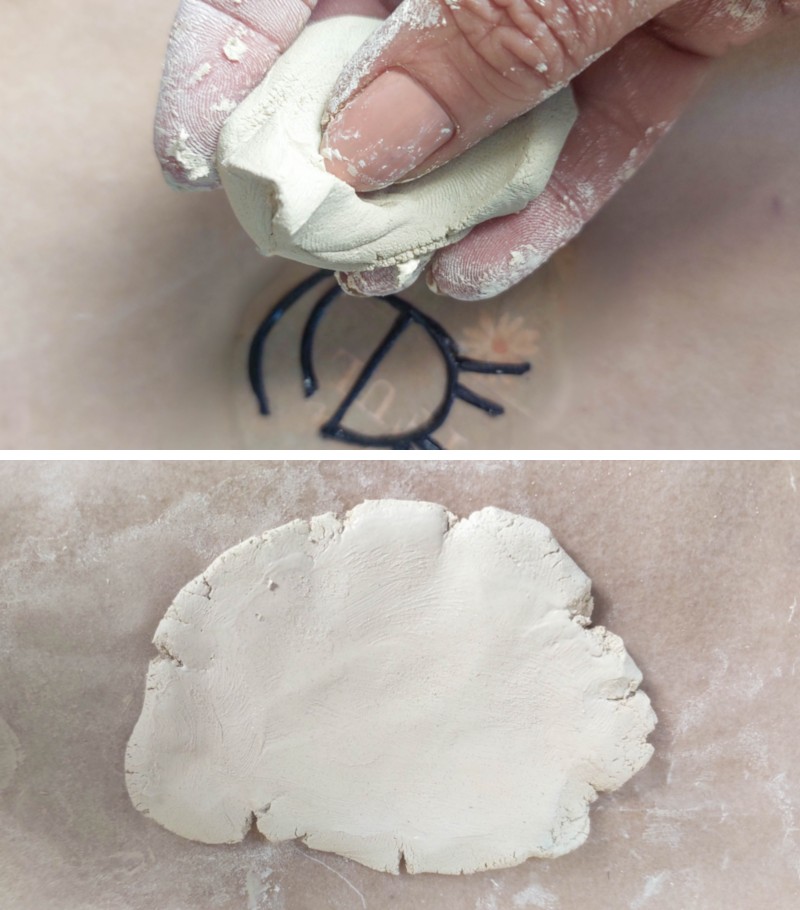 A hand conditioning clay and forming it into a flattened disc