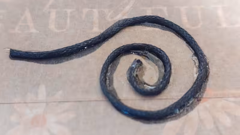 A close up of the waxed cord glued onto a piece of cardboard