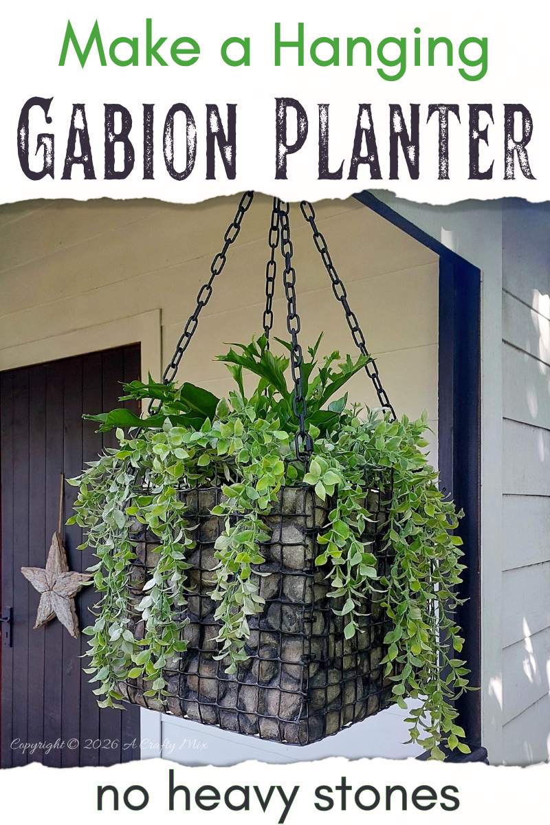 Pinterest graphic reading &ldquo;DIY Lightweight Gabion Planter,&rdquo; showing a woman hanging the finished planter