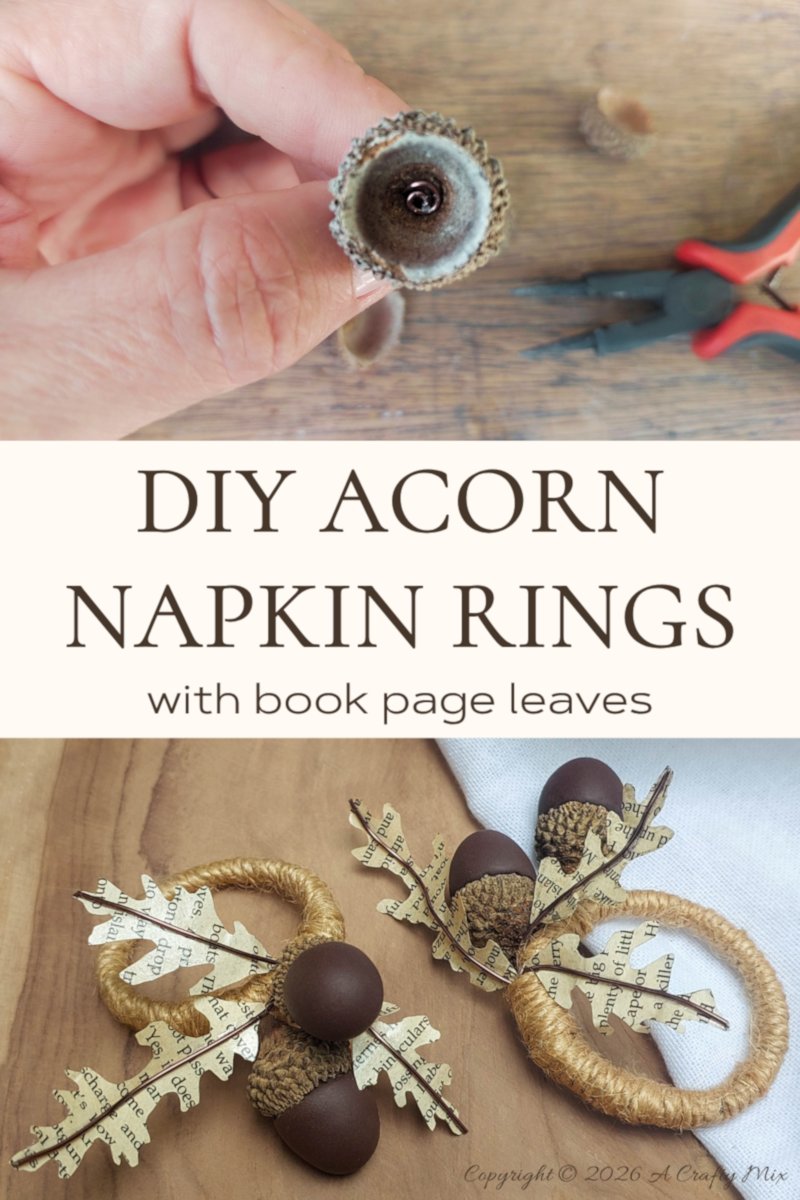 Two handmade acorn napkin rings on a wooden board with clay acorns, acorn caps, twine-wrapped rings, and book-page oak leaves.