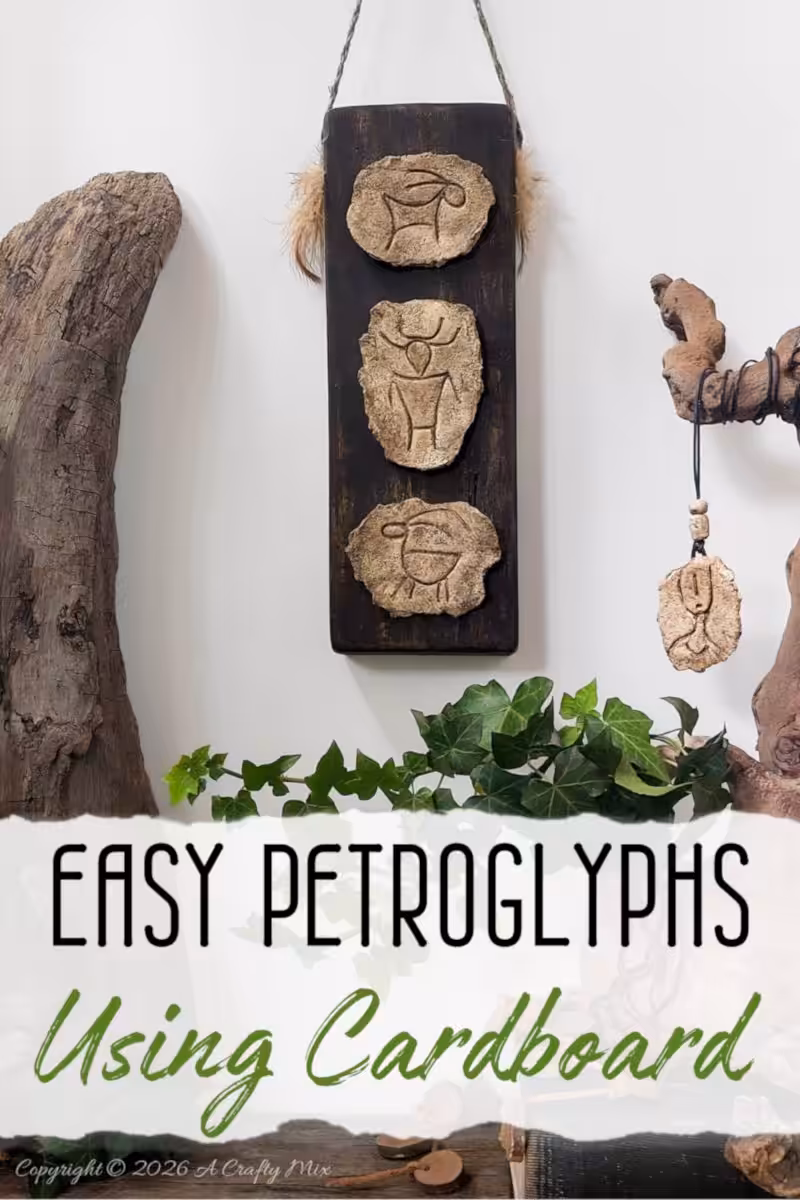 DIY faux stone petroglyph wall decor using cardboard