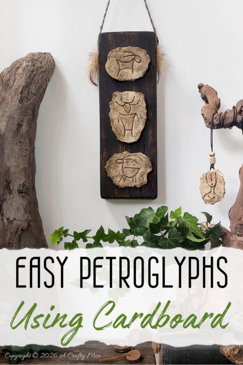 DIY faux stone petroglyph wall decor using cardboard